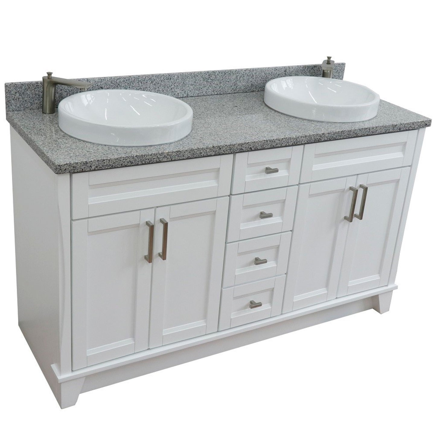 61" Double sink vanity in White finish and Gray granite and round sink
