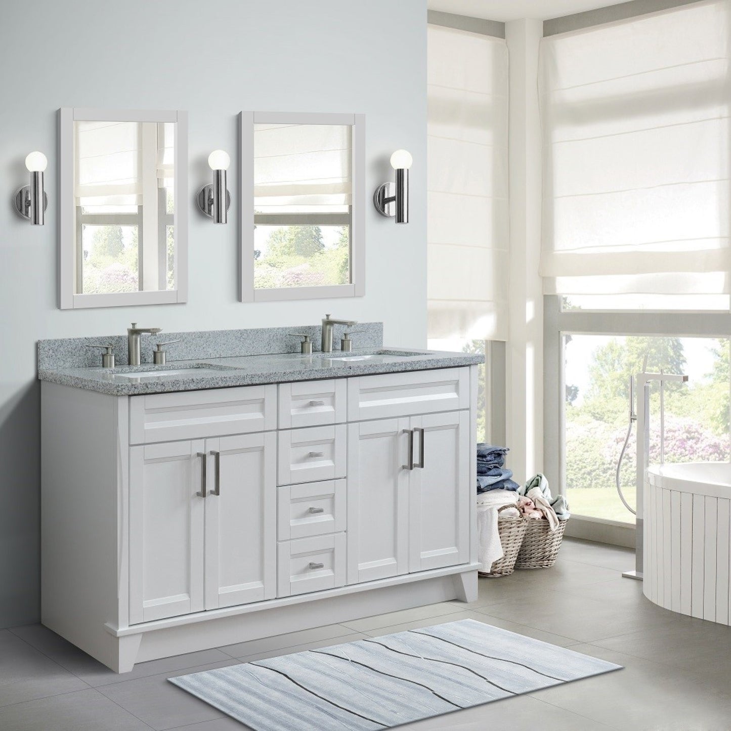 61" Double sink vanity in White finish and Gray granite and rectangle sink