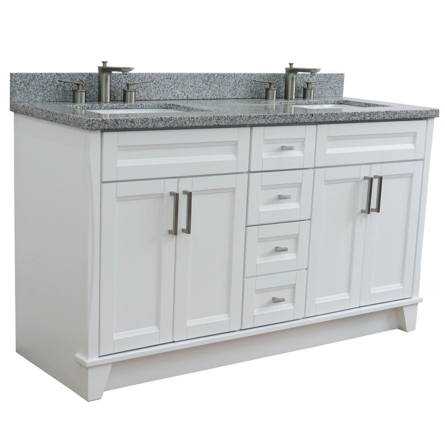 61" Double sink vanity in White finish and Gray granite and rectangle sink