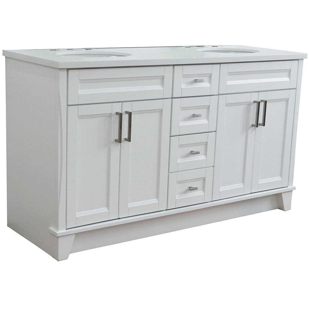 61" Double sink vanity in White finish and White engineered stone and oval sink