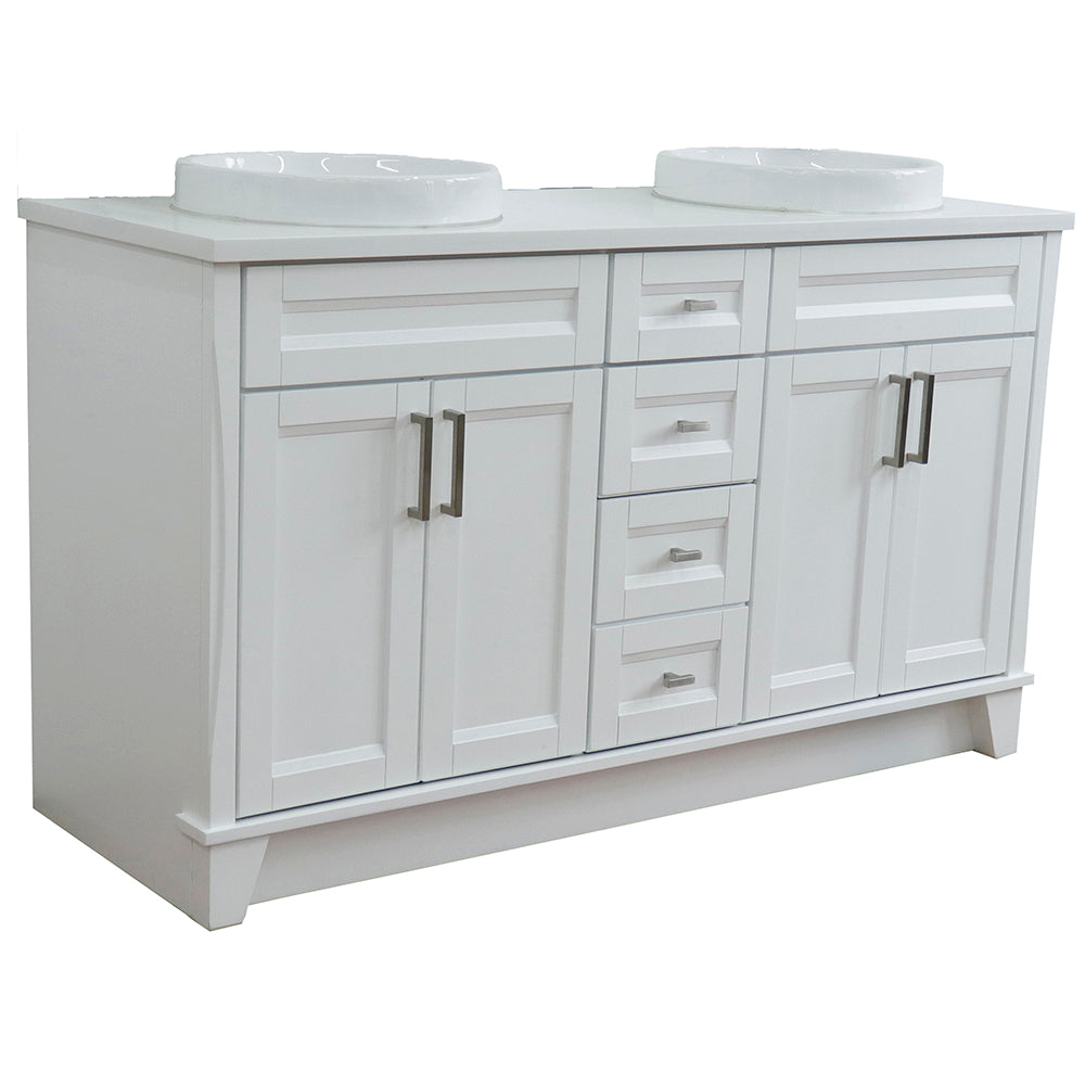 61" Double sink vanity in White finish and White engineered stone and round sink