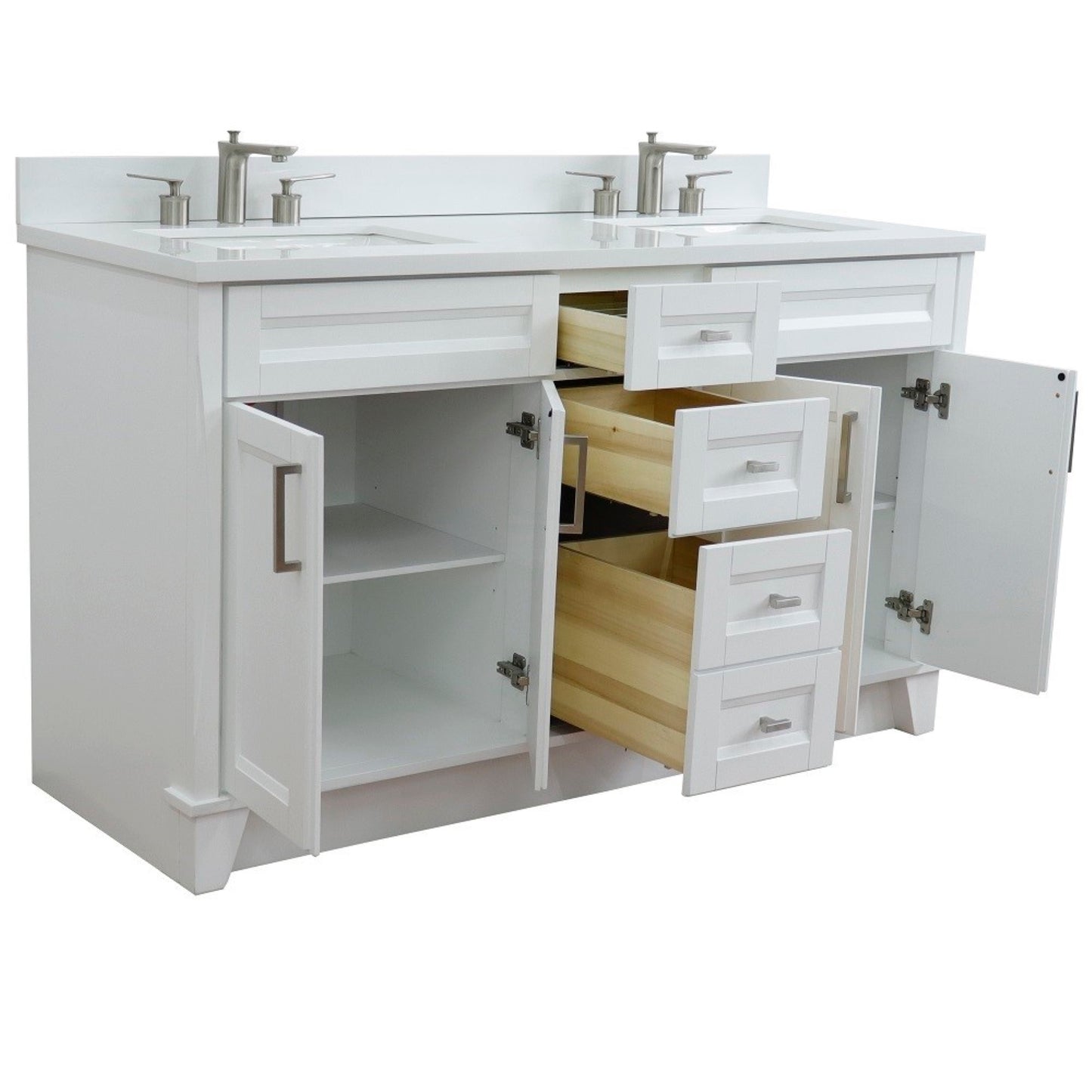 61" Double sink vanity in White finish and White engineered stone and rectangle sink