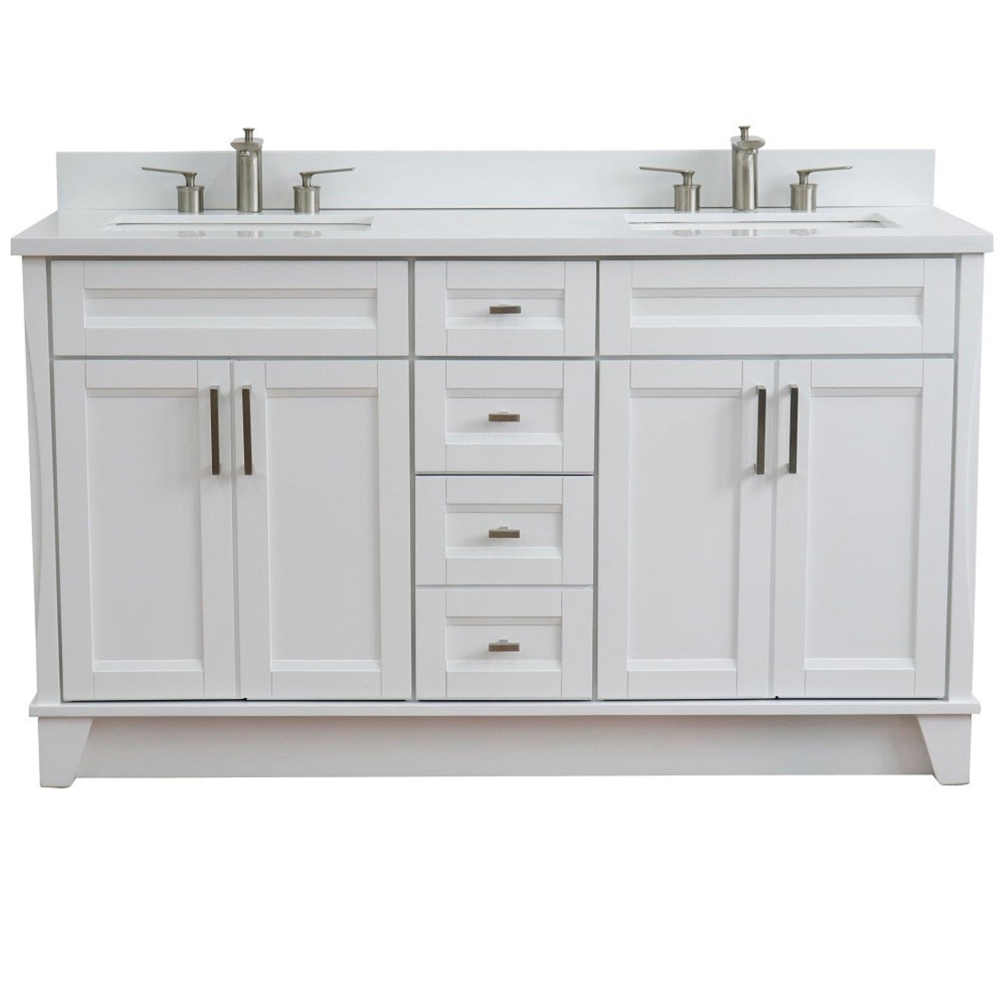 61" Double sink vanity in White finish and White engineered stone and rectangle sink