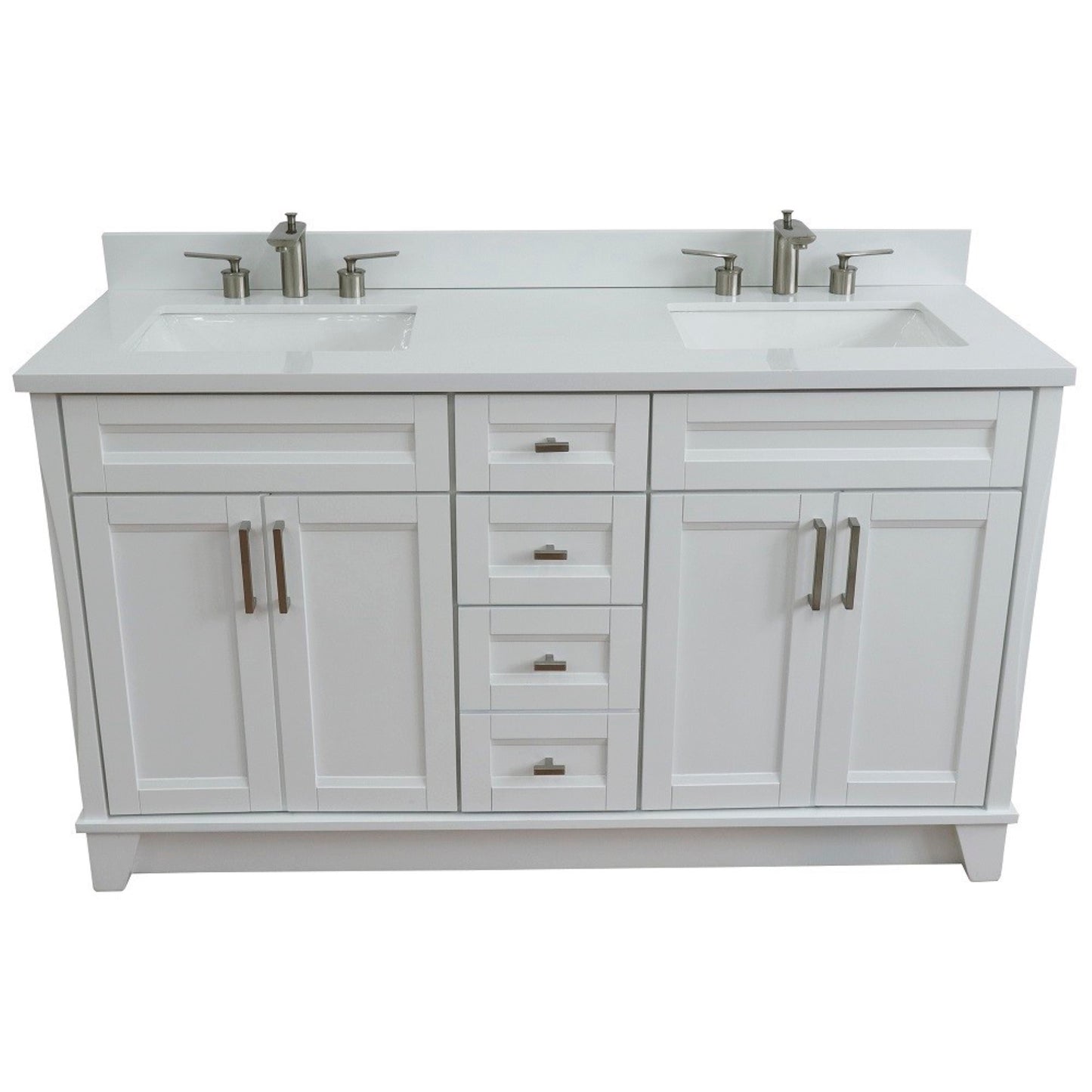 61" Double sink vanity in White finish and White engineered stone and rectangle sink