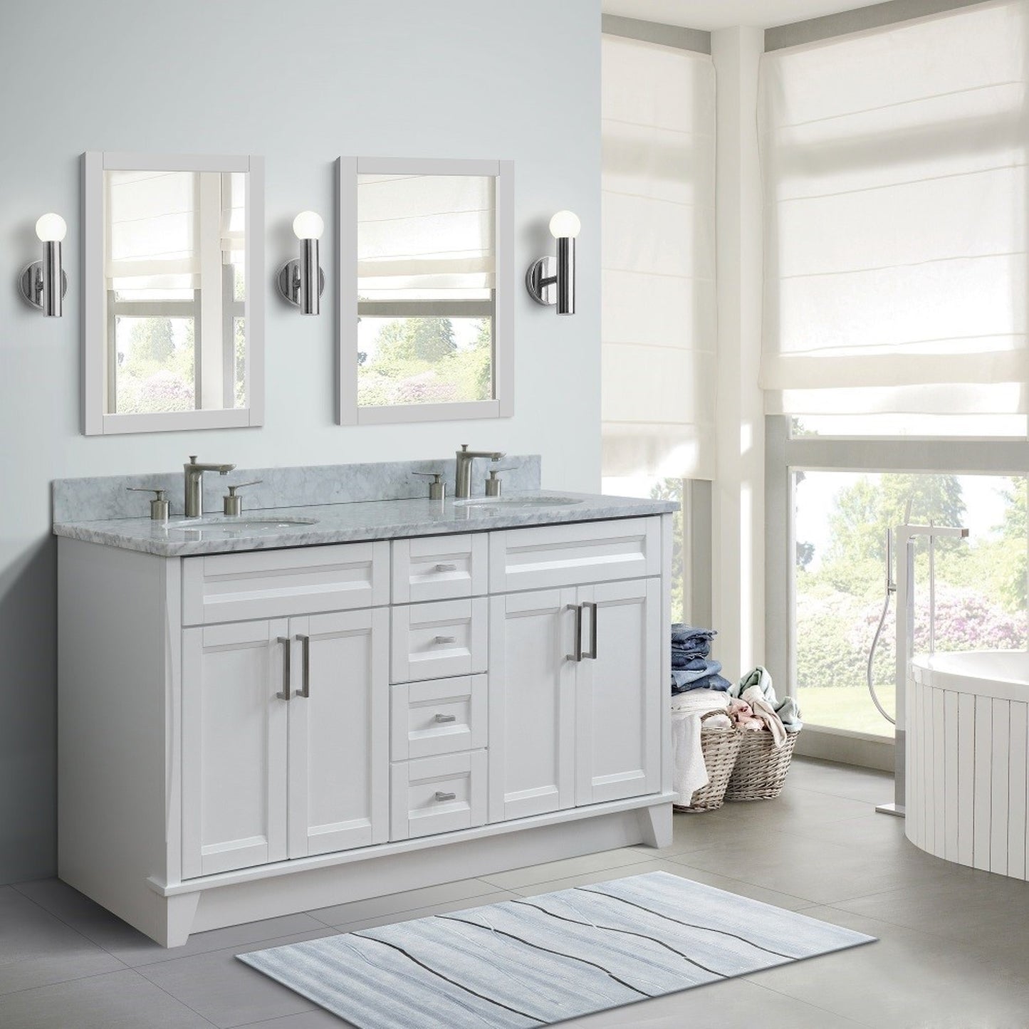 61" Double sink vanity in White finish and White Carrara marble and oval sink