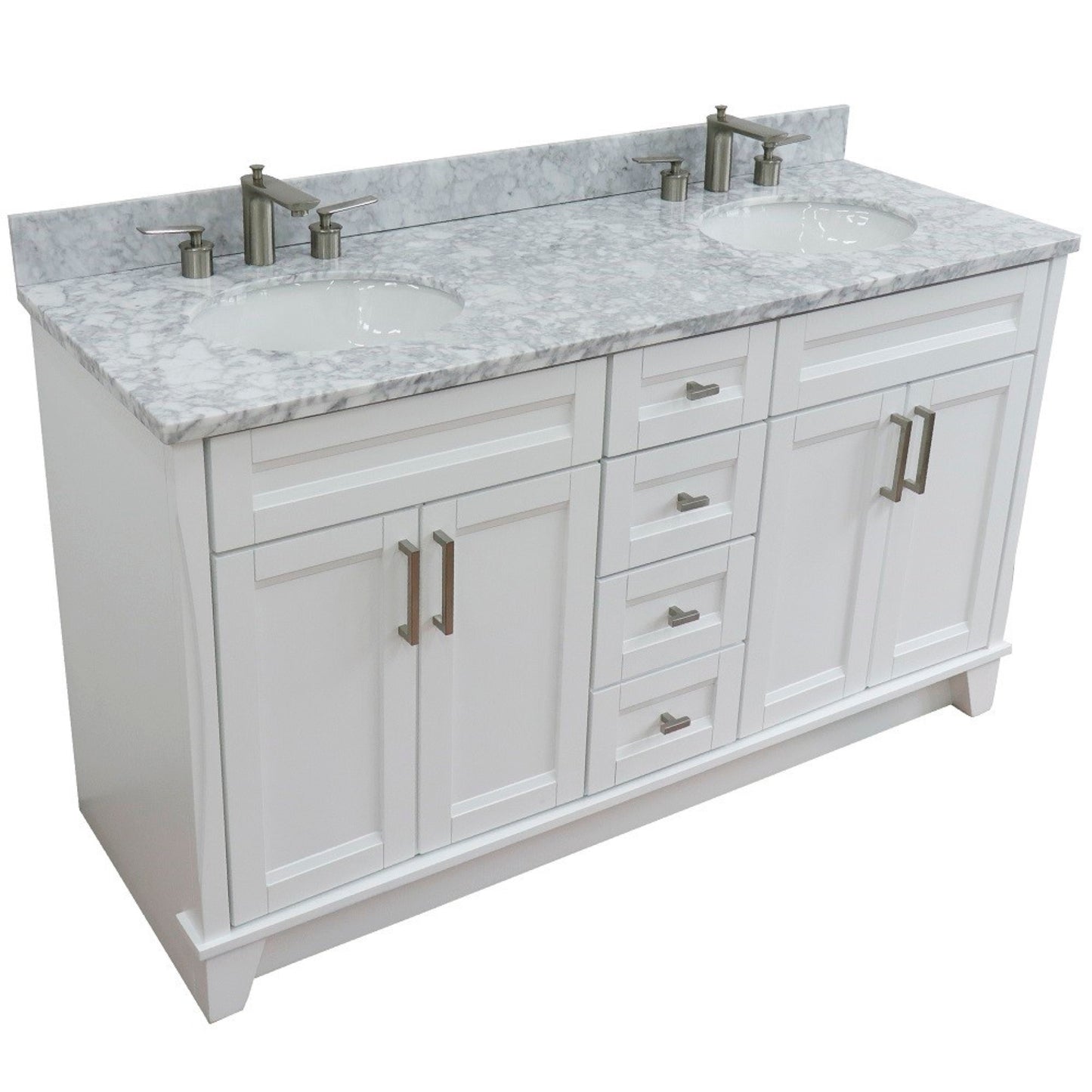 61" Double sink vanity in White finish and White Carrara marble and oval sink