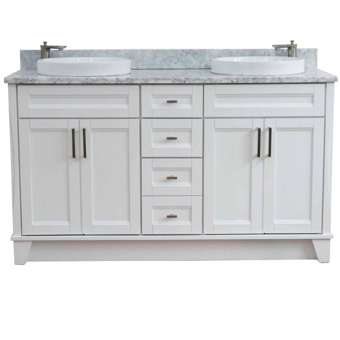 61" Double sink vanity in White finish and White Carrara marble and round sink