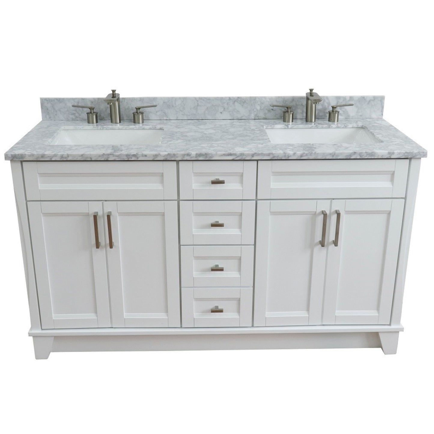 61" Double sink vanity in White finish and White Carrara marble and rectangle sink