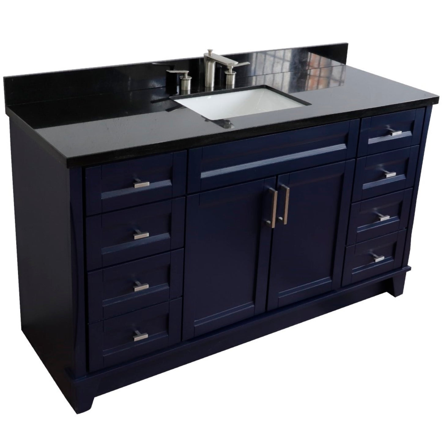61" Single sink vanity in Blue finish and Black galaxy granite and rectangle sink