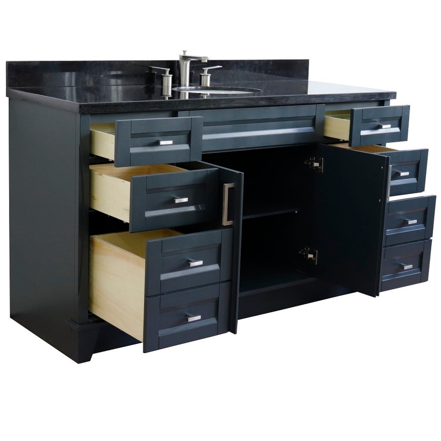 61" Single sink vanity in Dark Gray finish and Black galaxy granite and oval sink