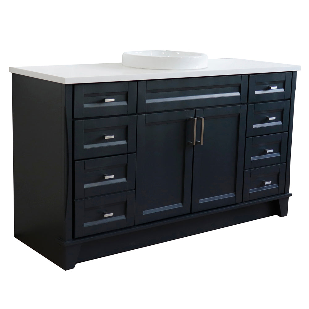 61" Single sink vanity in Dark Gray finish and White engineered stone and round sink