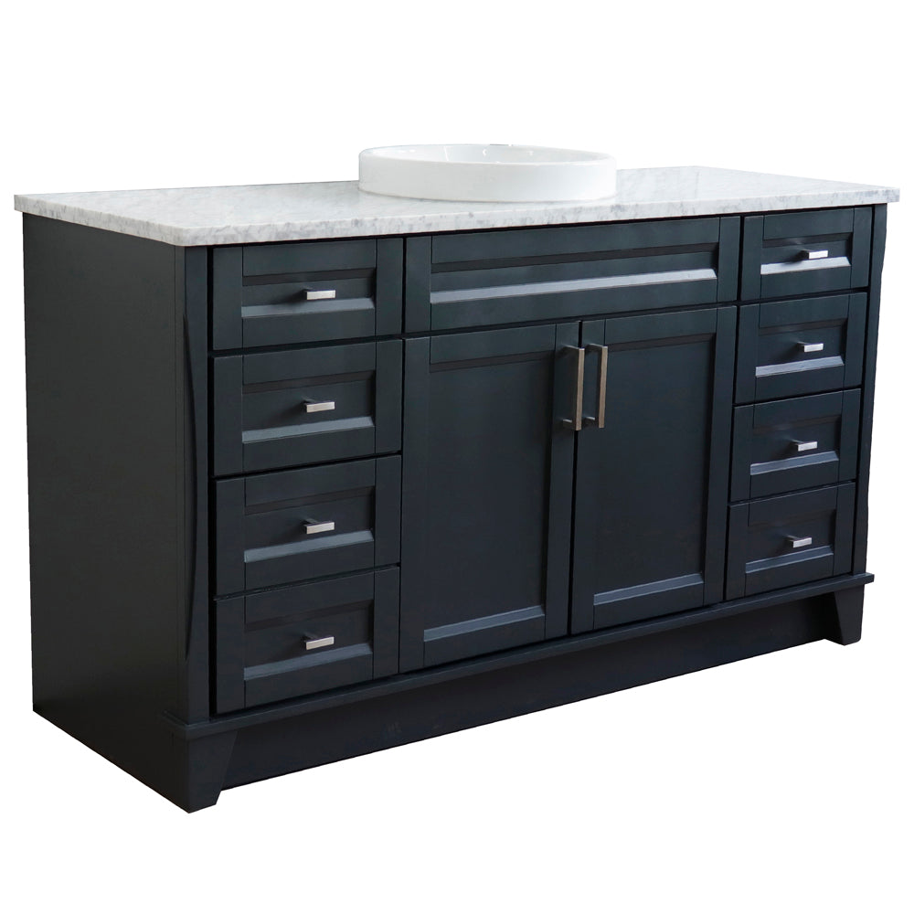 61" Single sink vanity in Dark Gray finish and White Carrara marble and round sink