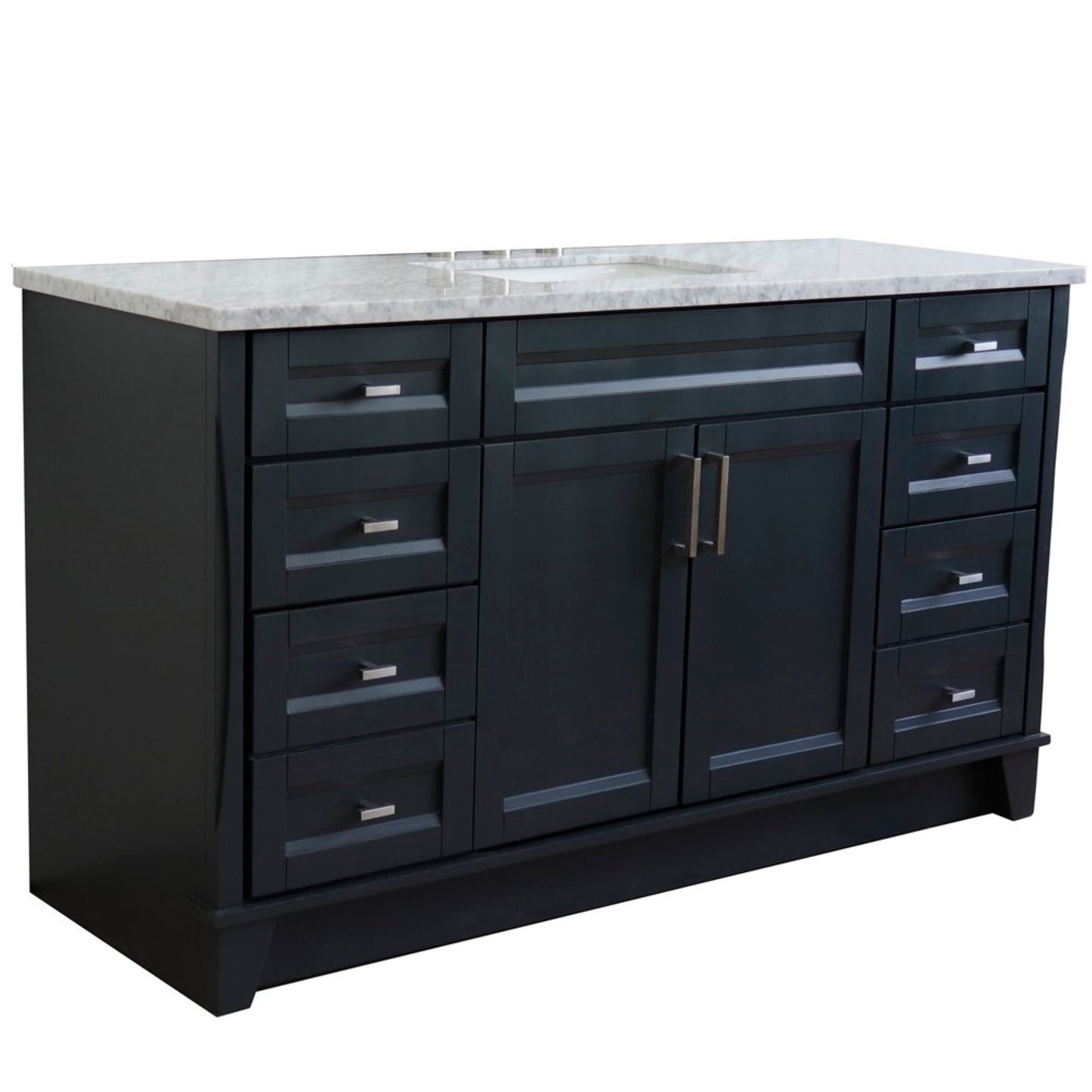 61" Single sink vanity in Dark Gray finish and White Carrara marble and rectangle sink