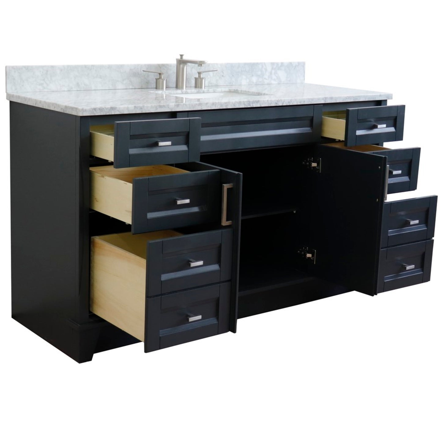 61" Single sink vanity in Dark Gray finish and White Carrara marble and rectangle sink