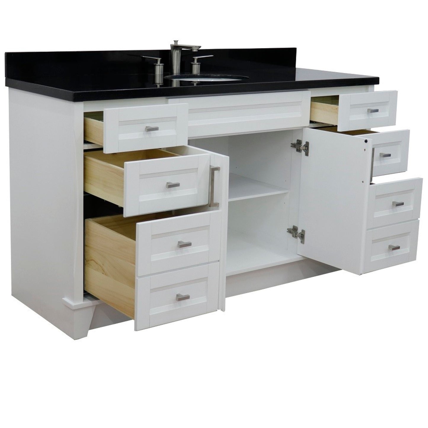 61" Single sink vanity in White finish and Black galaxy granite and oval sink