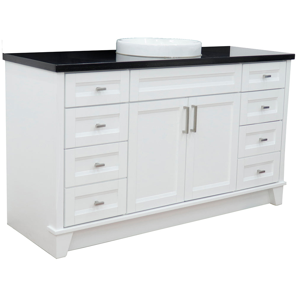 61" Single sink vanity in White finish and Black galaxy granite and round sink