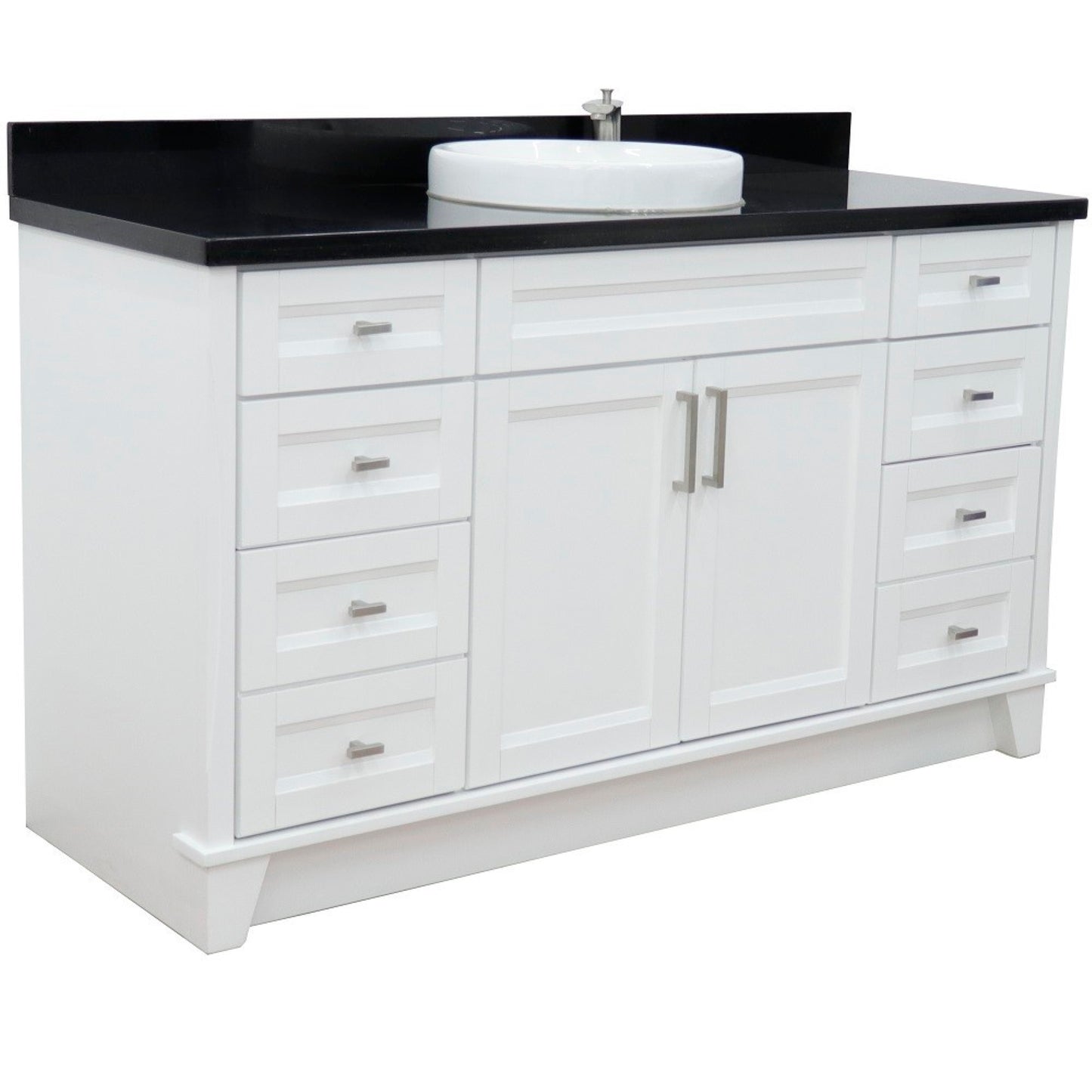 61" Single sink vanity in White finish and Black galaxy granite and round sink
