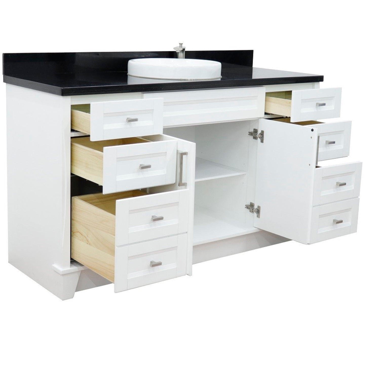 61" Single sink vanity in White finish and Black galaxy granite and round sink