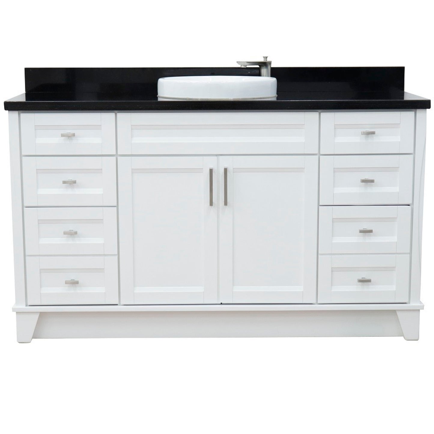 61" Single sink vanity in White finish and Black galaxy granite and round sink