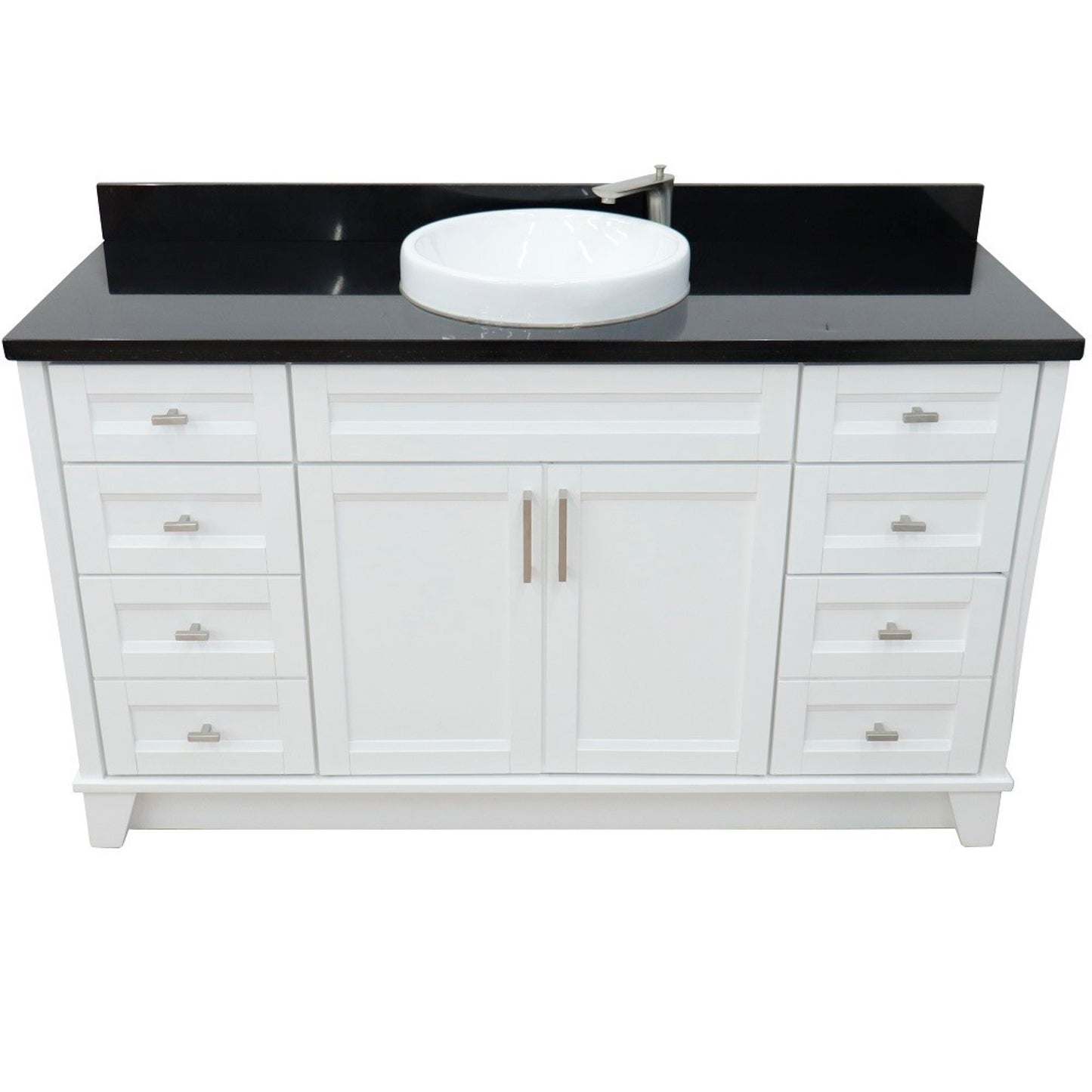 61" Single sink vanity in White finish and Black galaxy granite and round sink
