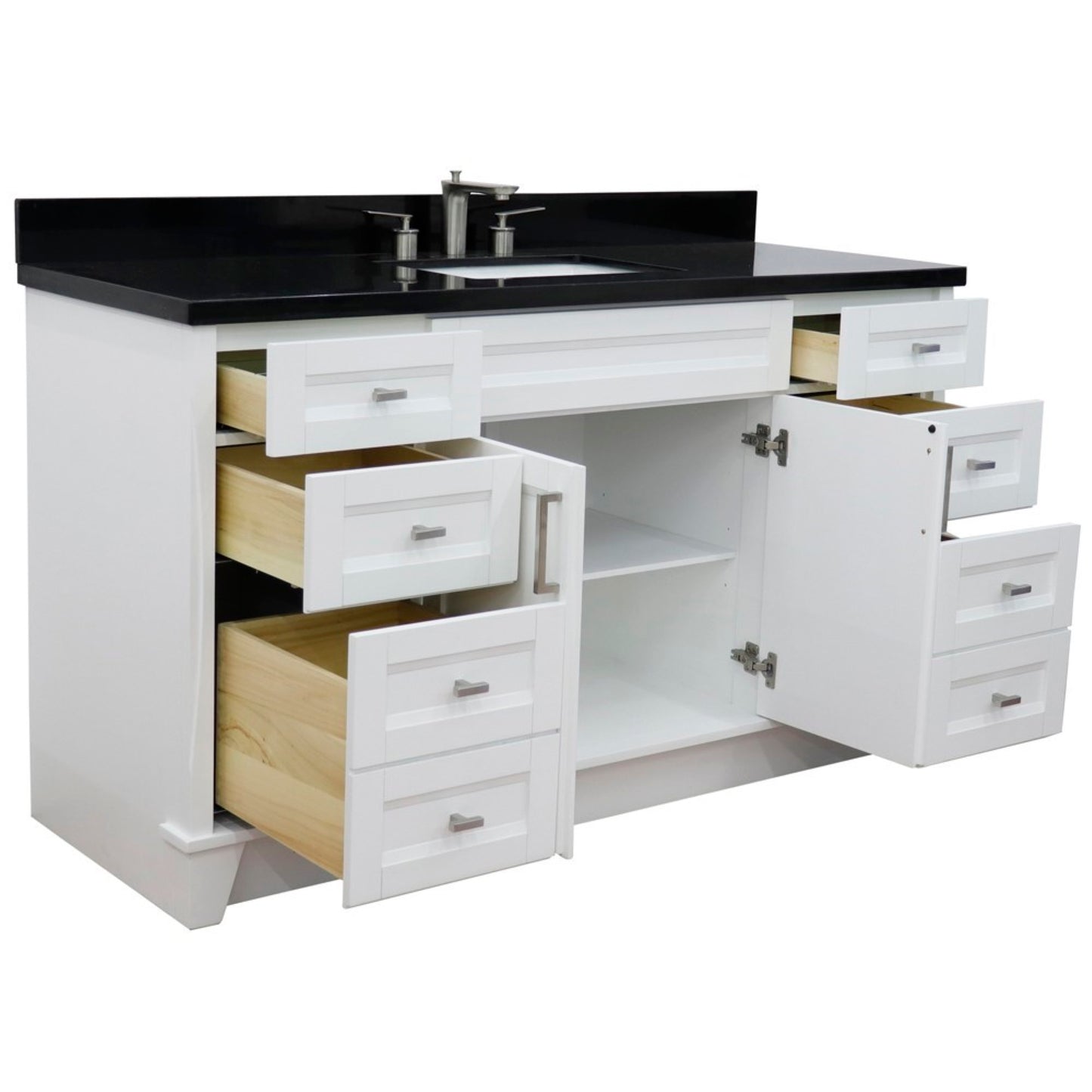 61" Single sink vanity in White finish and Black galaxy granite and rectangle sink