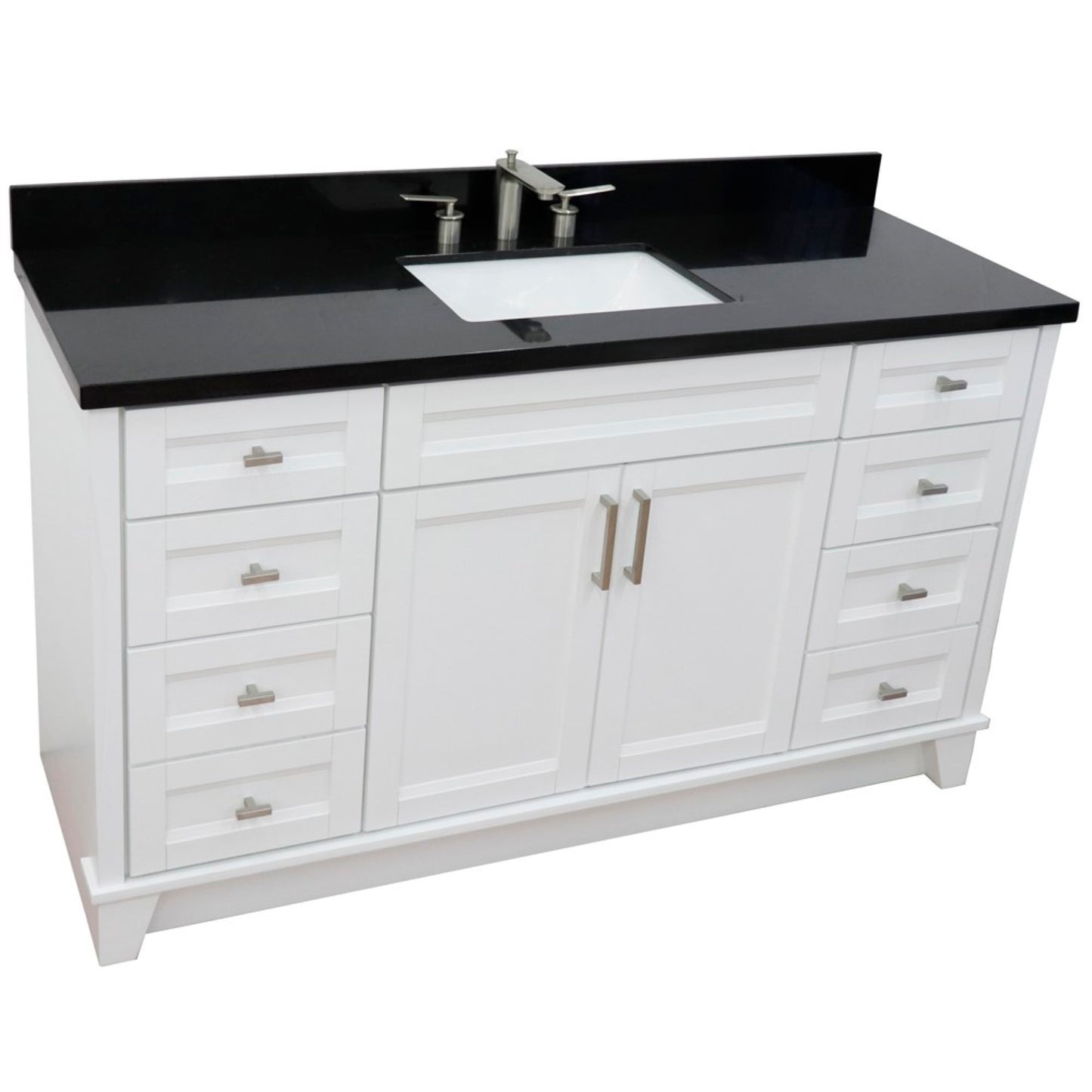 61" Single sink vanity in White finish and Black galaxy granite and rectangle sink
