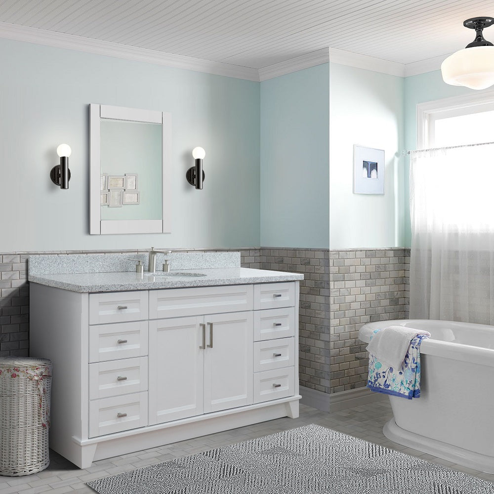 61" Single sink vanity in White finish and Gray granite and oval sink