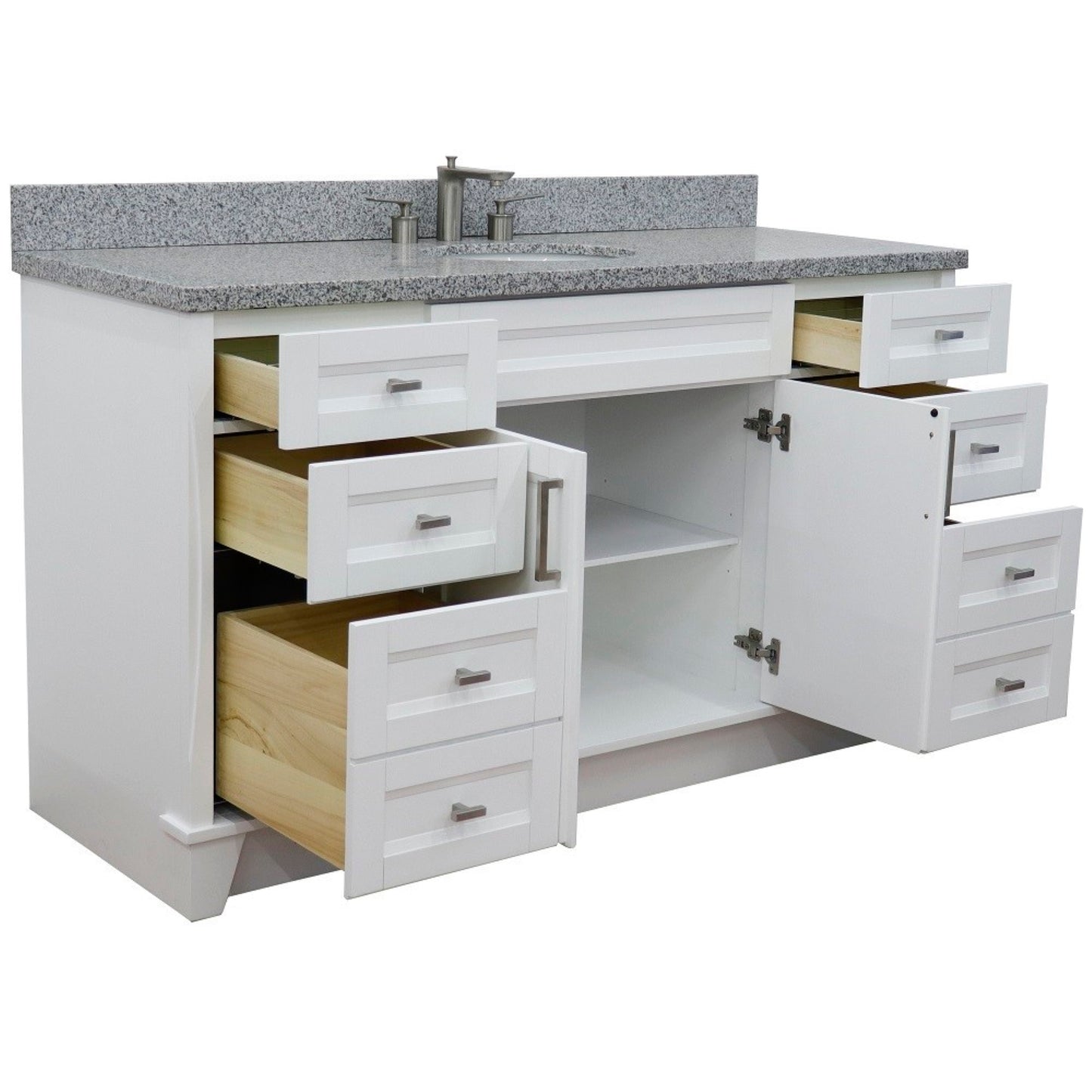 61" Single sink vanity in White finish and Gray granite and oval sink
