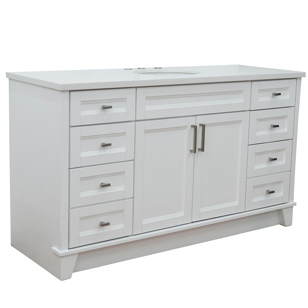 61" Single sink vanity in White finish and White engineered stone and oval sink