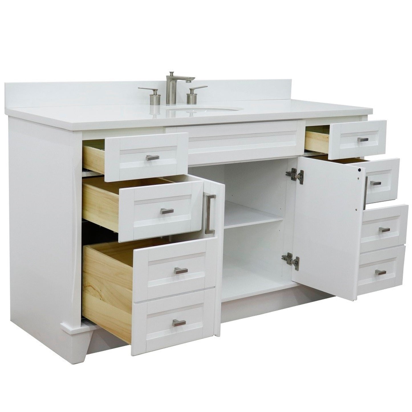 61" Single sink vanity in White finish and White engineered stone and oval sink