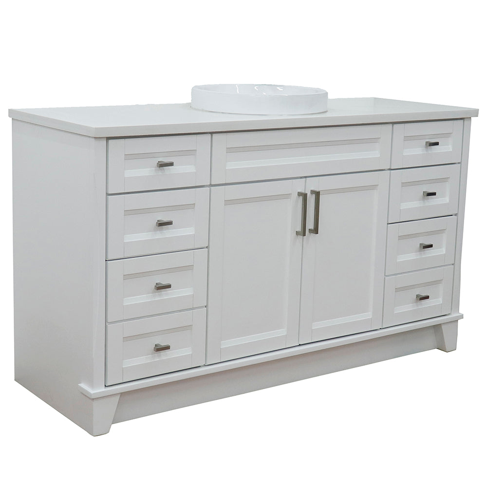 61" Single sink vanity in White finish and White engineered stone and round sink