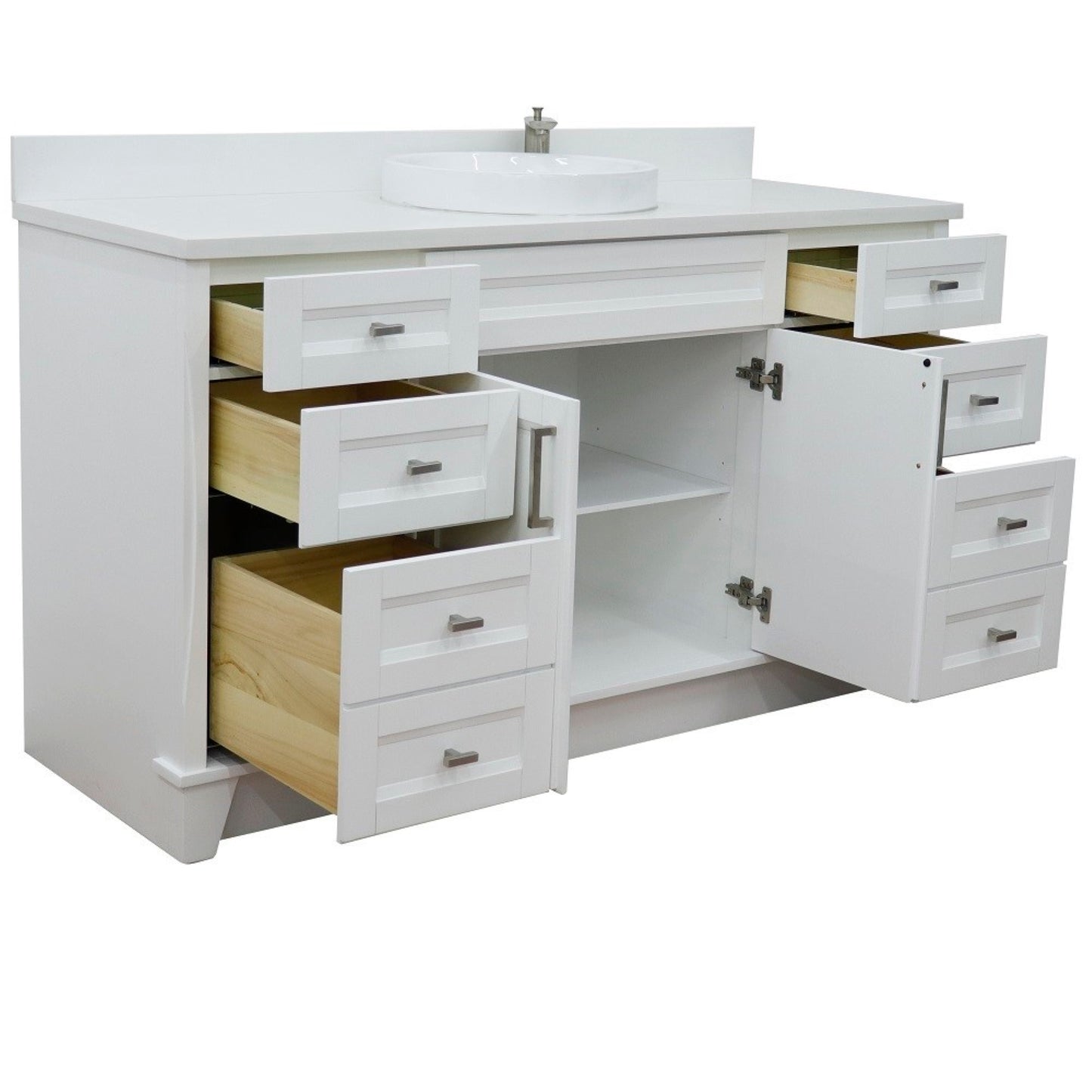 61" Single sink vanity in White finish and White engineered stone and round sink