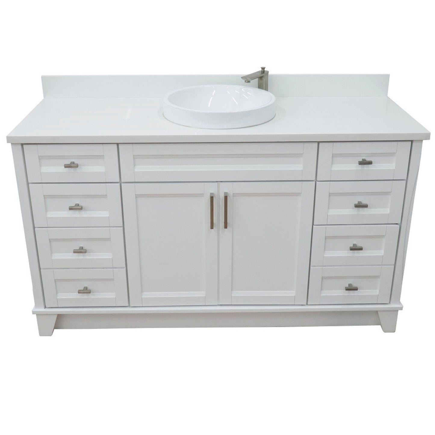 61" Single sink vanity in White finish and White engineered stone and round sink