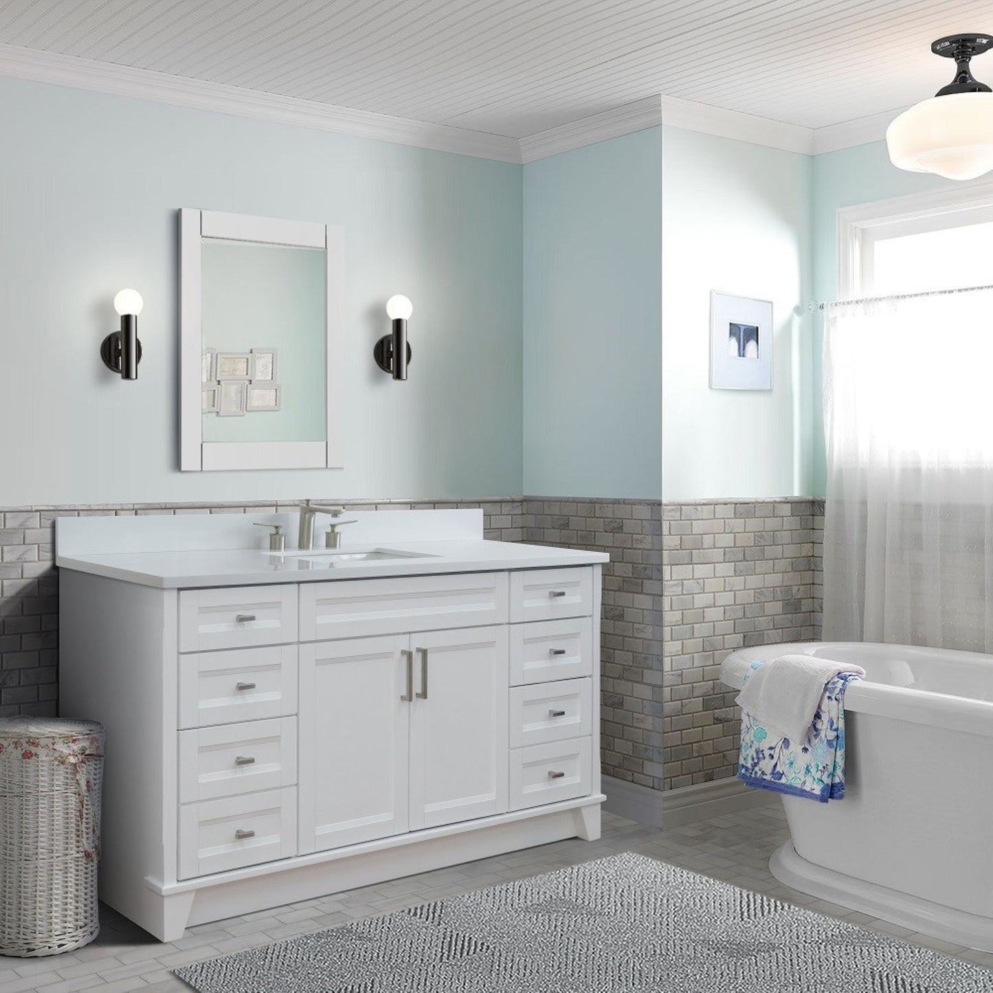 61" Single sink vanity in White finish and White engineered stone and rectangle sink