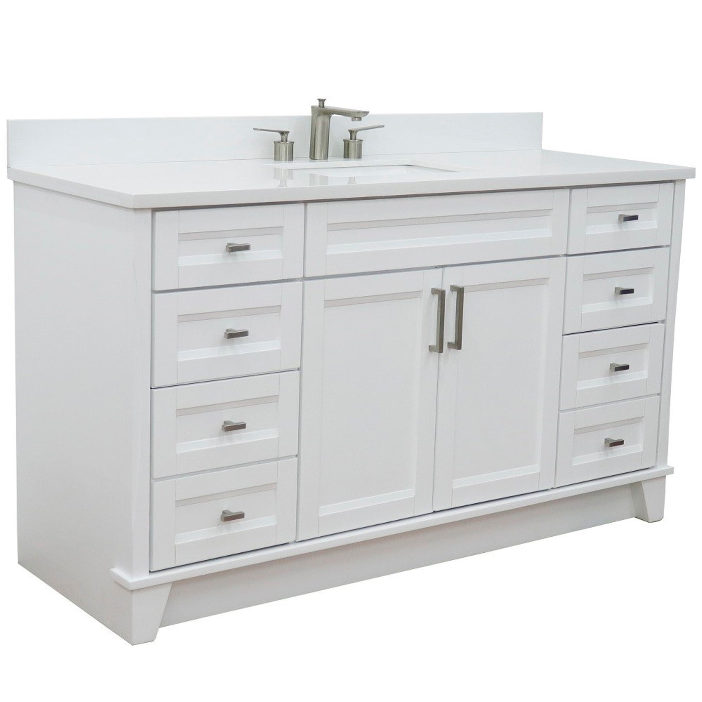 61" Single sink vanity in White finish and White engineered stone and rectangle sink
