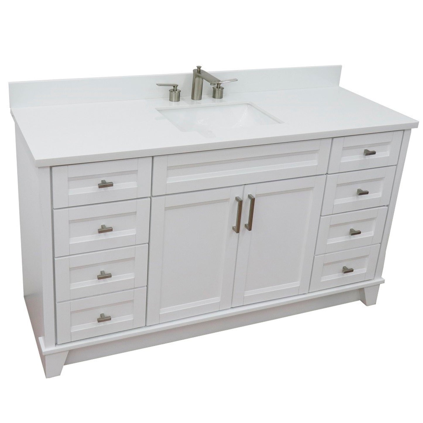 61" Single sink vanity in White finish and White engineered stone and rectangle sink