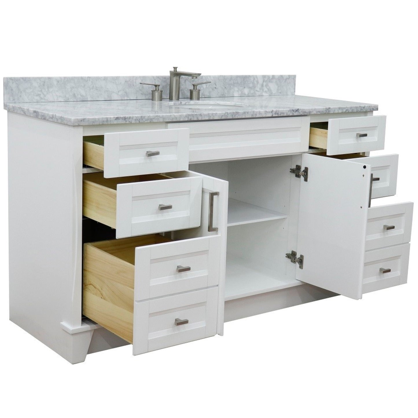 61" Single sink vanity in White finish and White Carrara marble and oval sink