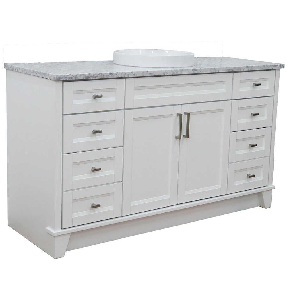 61" Single sink vanity in White finish and White Carrara marble and round sink