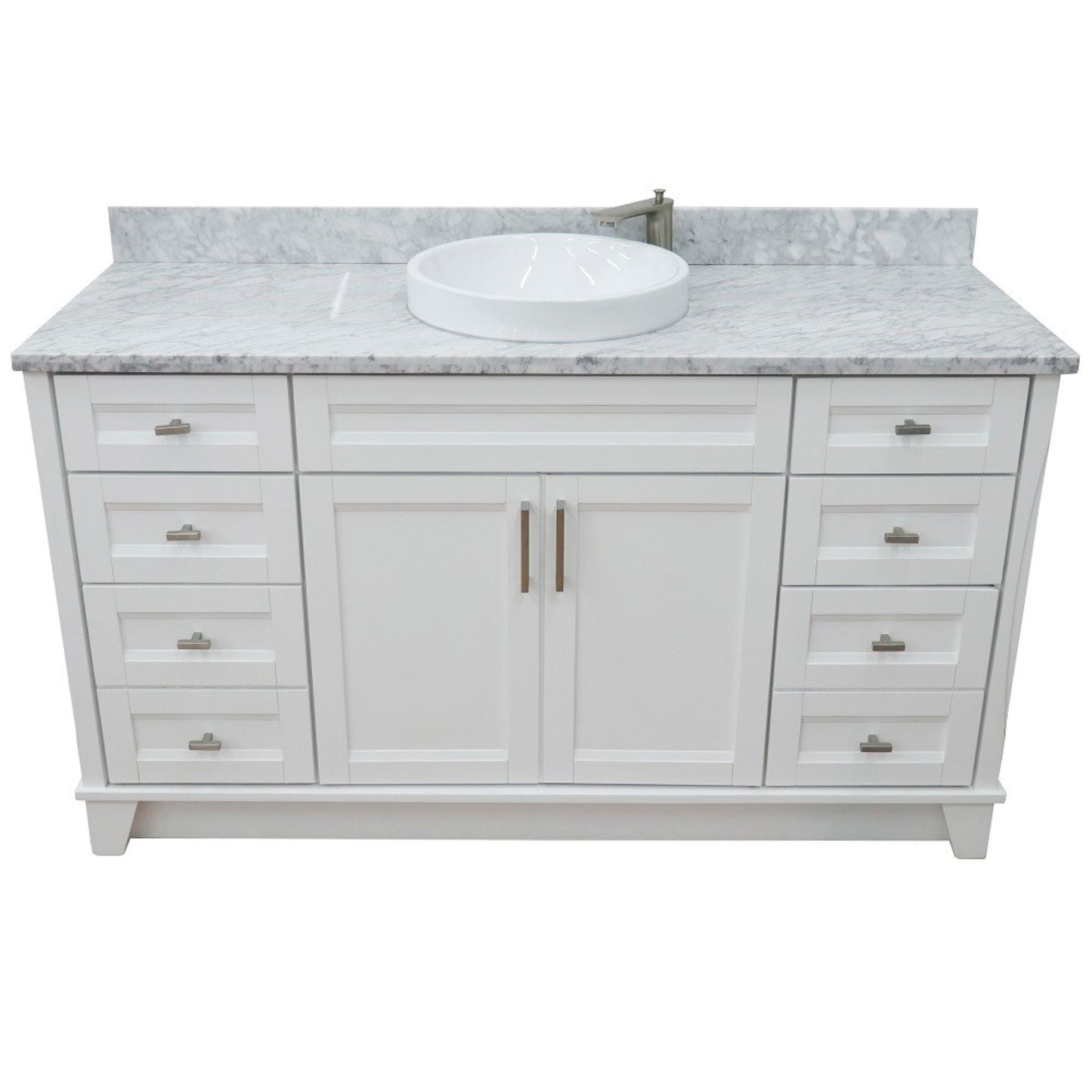 61" Single sink vanity in White finish and White Carrara marble and round sink