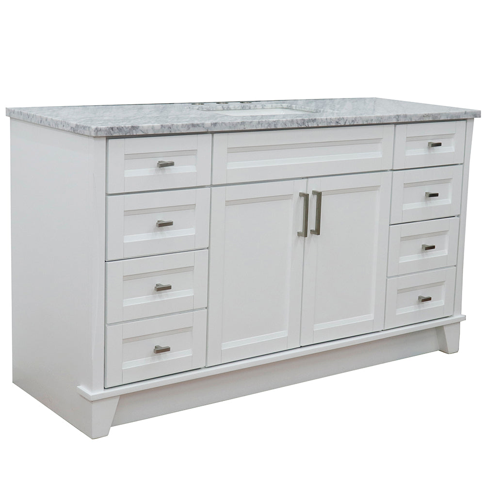 61" Single sink vanity in White finish and White Carrara marble and rectangle sink
