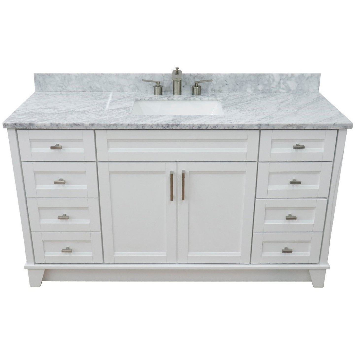 61" Single sink vanity in White finish and White Carrara marble and rectangle sink
