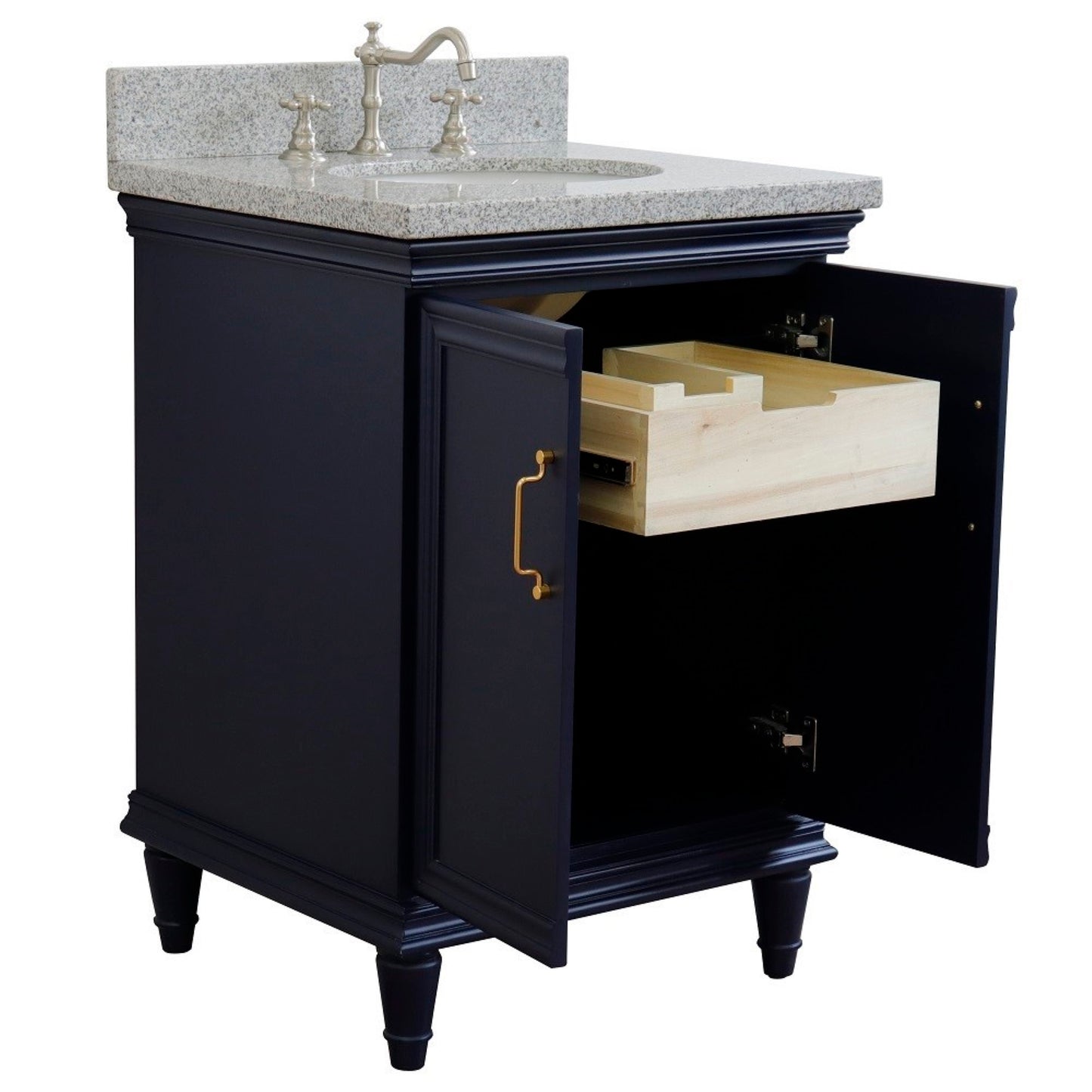 25" Single vanity in Blue finish with Gray granite and oval sink