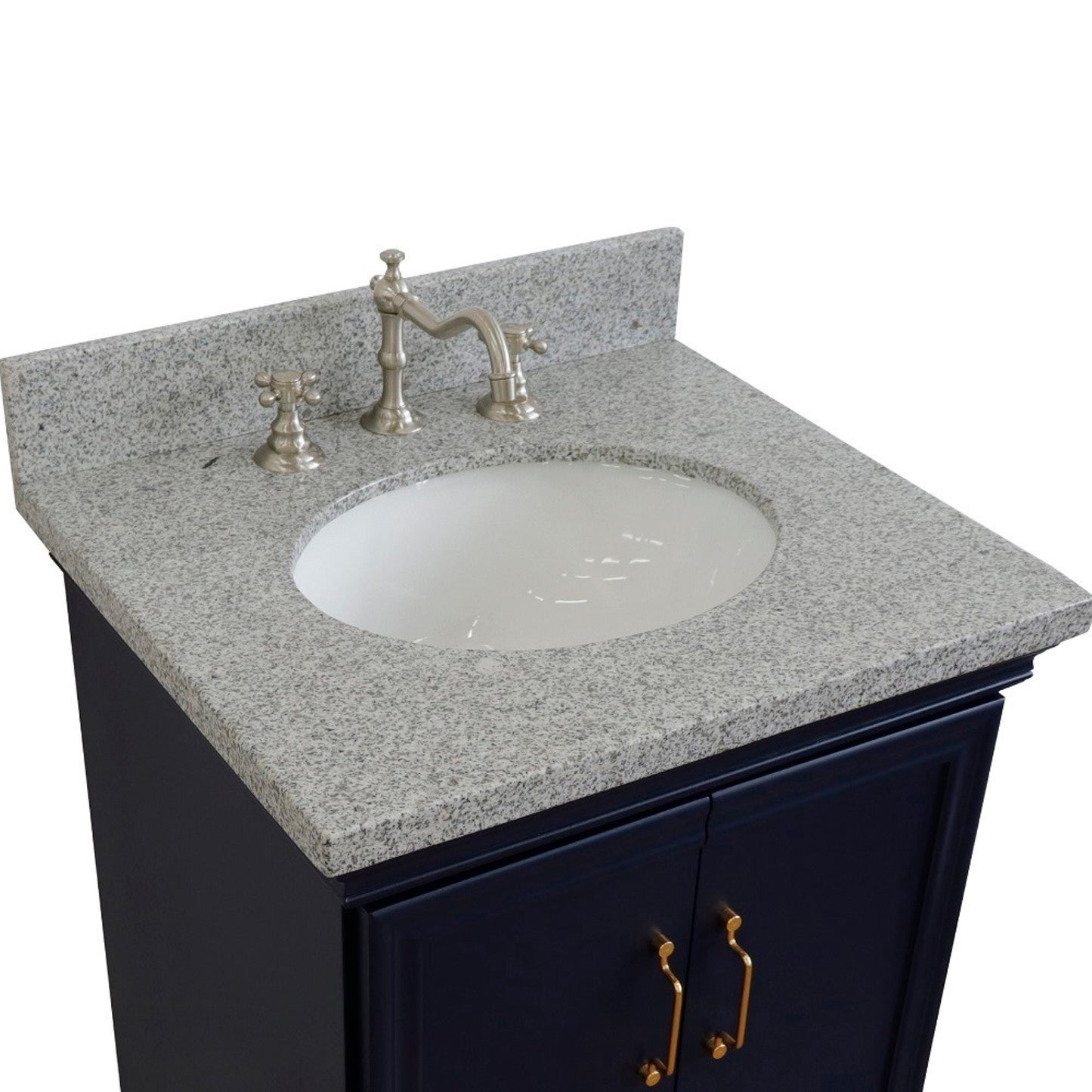 25" Single vanity in Blue finish with Gray granite and oval sink