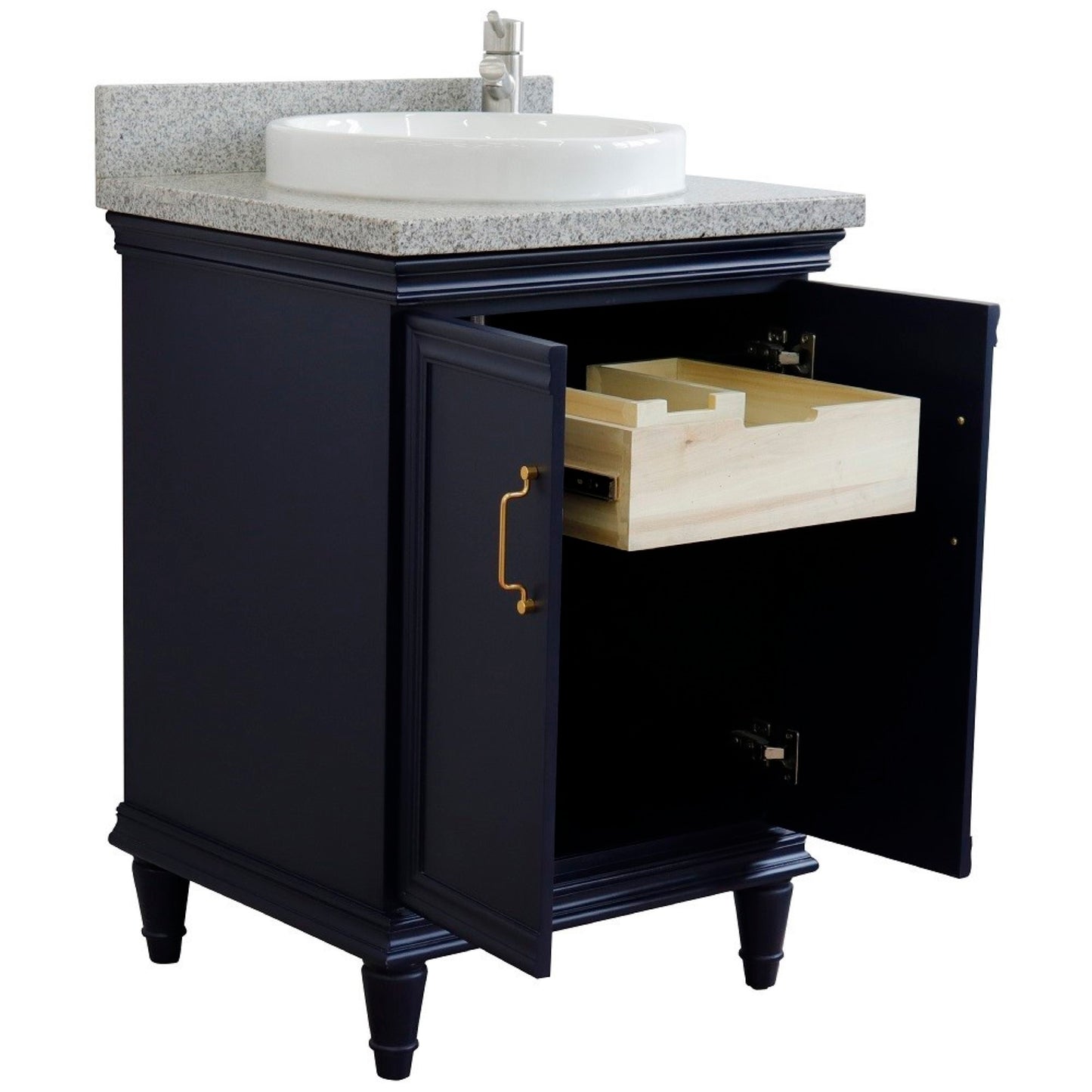 25" Single vanity in Blue finish with Gray granite and round sink