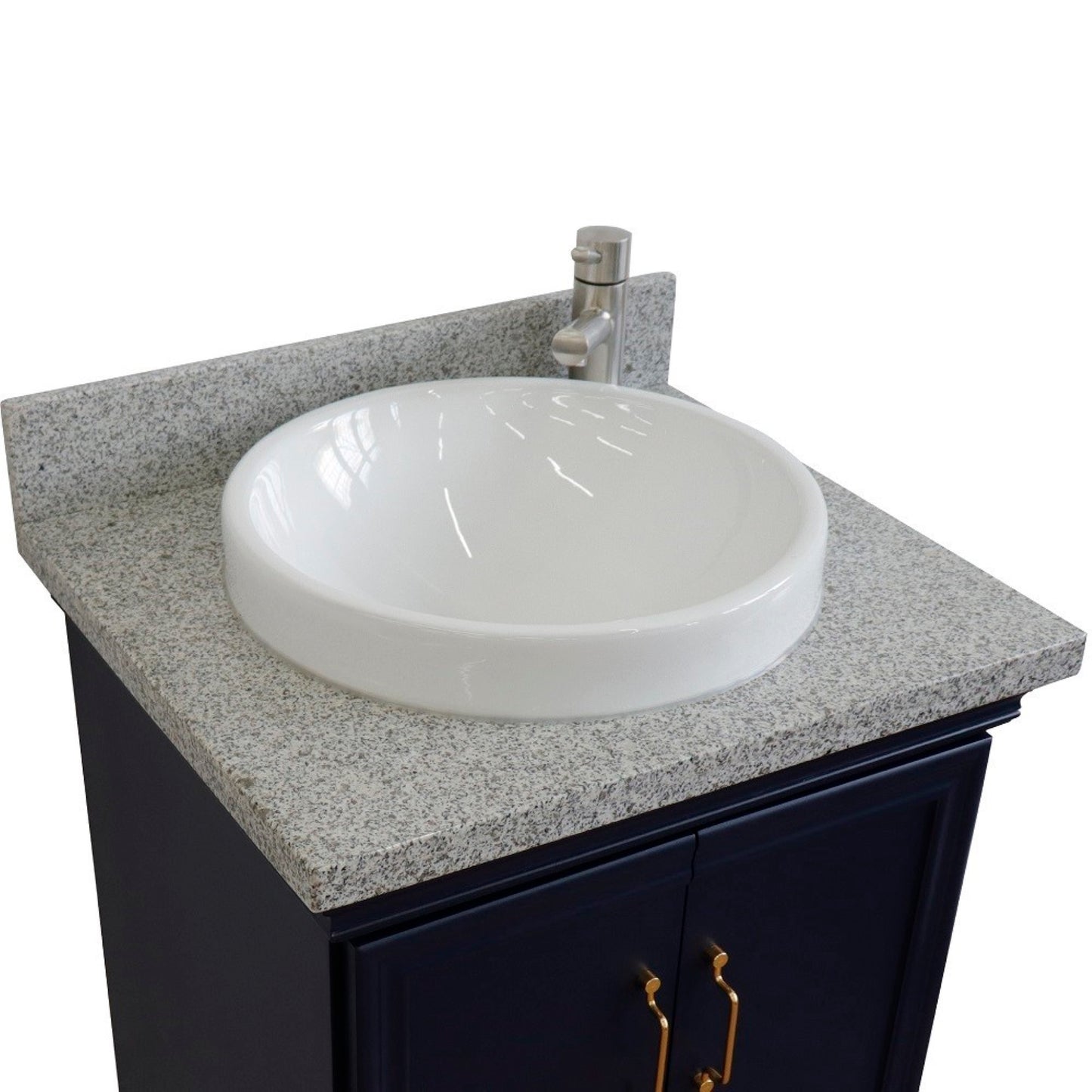 25" Single vanity in Blue finish with Gray granite and round sink