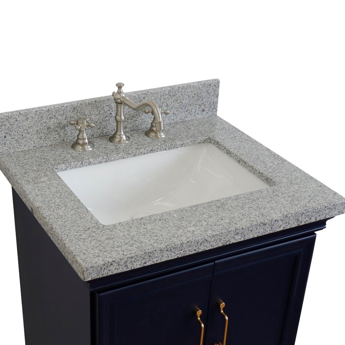 25" Single vanity in Blue finish with Gray granite and rectangle sink