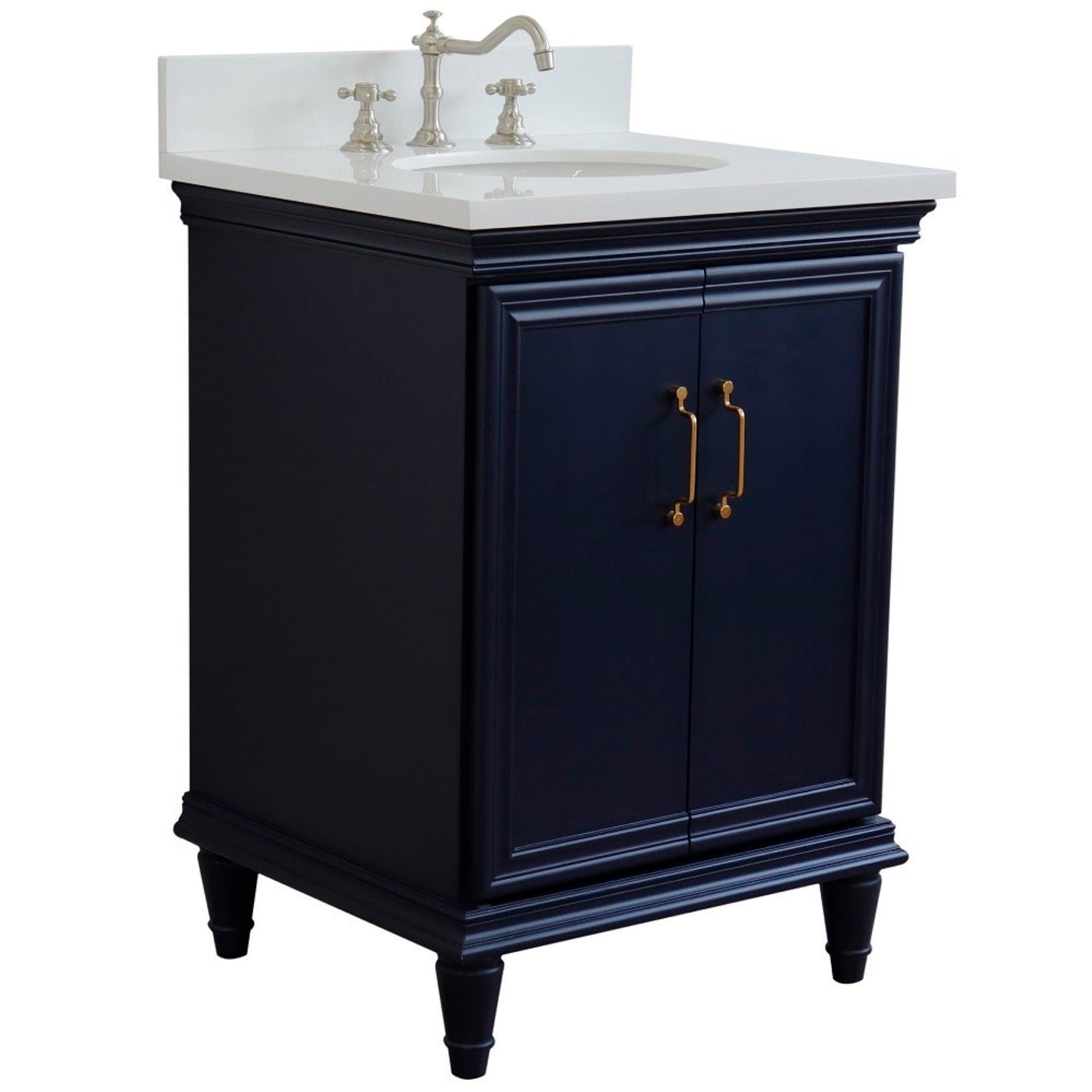 25" Single vanity in Blue finish with White engineered stone and oval sink
