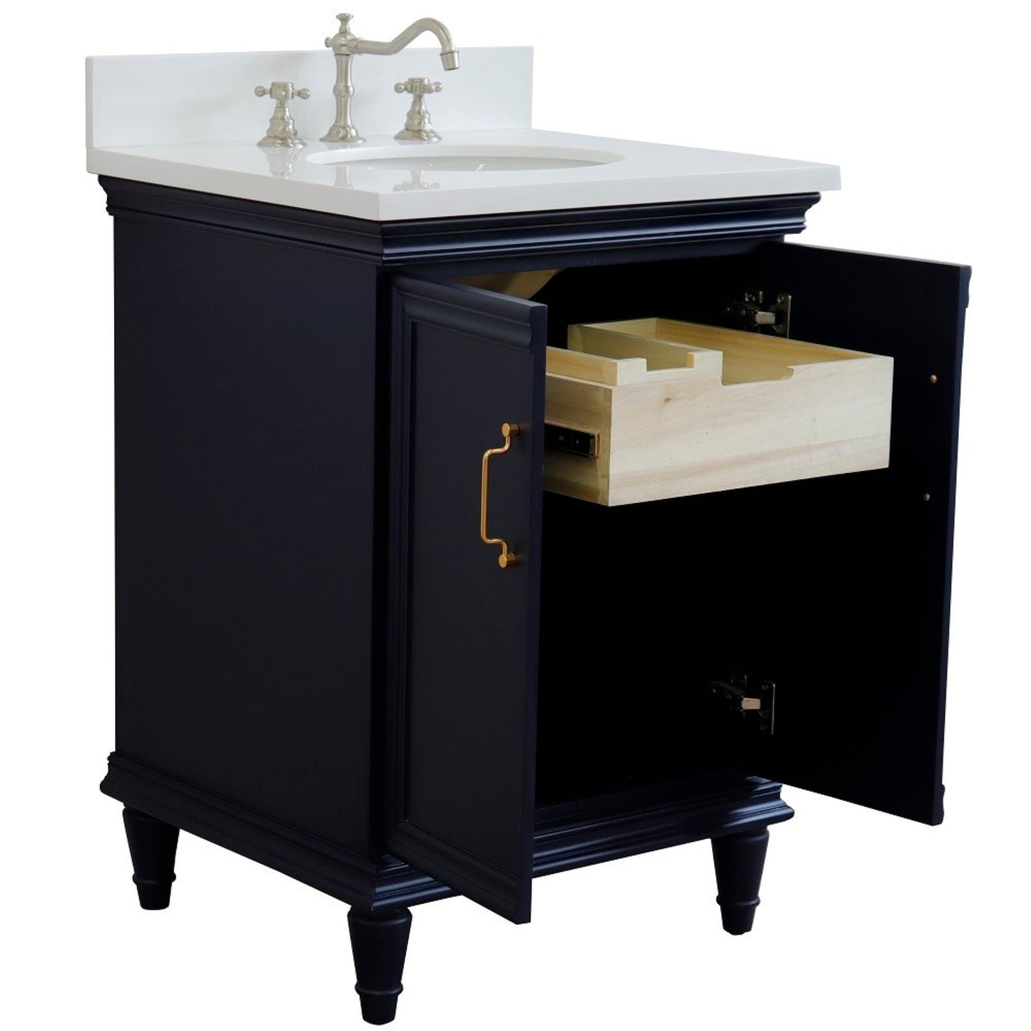 25" Single vanity in Blue finish with White engineered stone and oval sink
