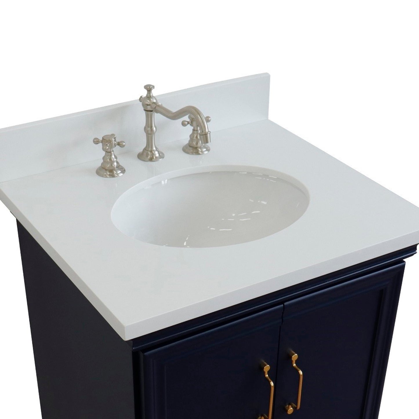 25" Single vanity in Blue finish with White engineered stone and oval sink