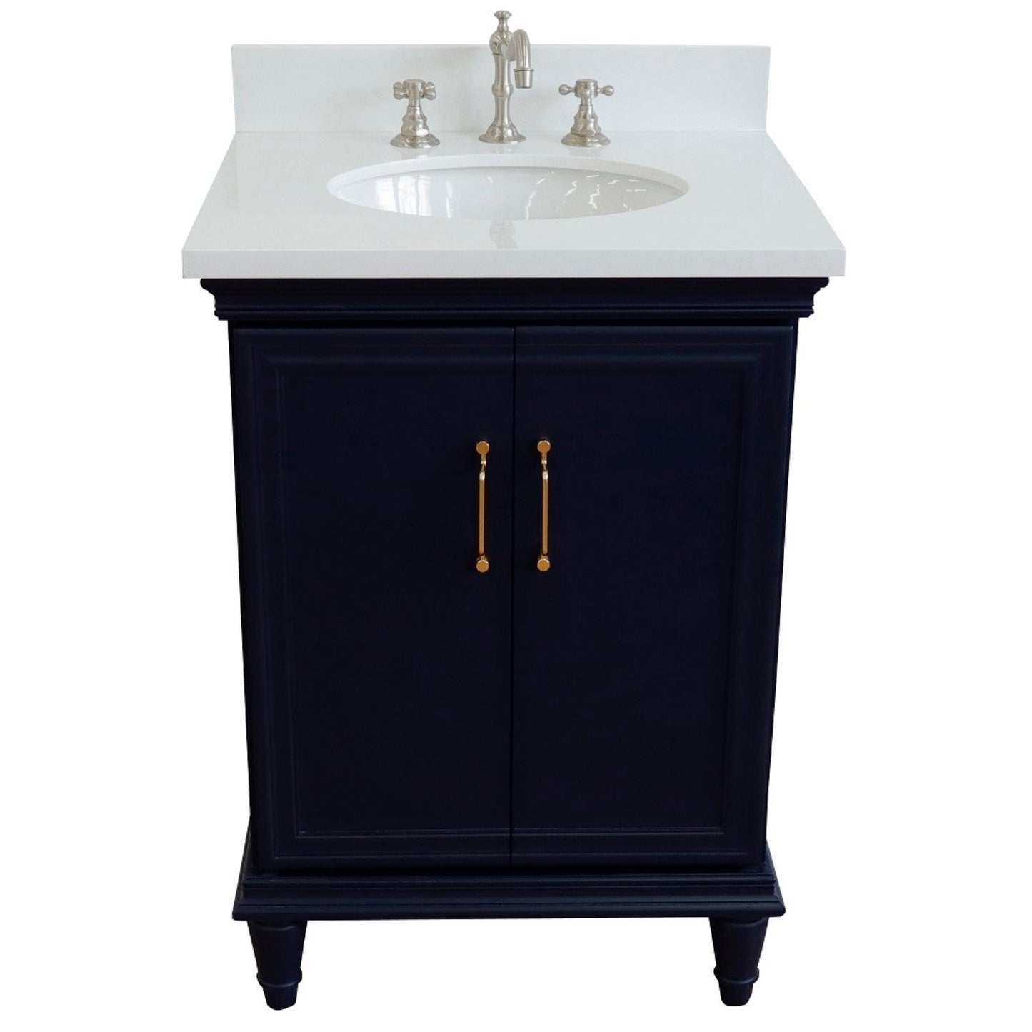 25" Single vanity in Blue finish with White engineered stone and oval sink